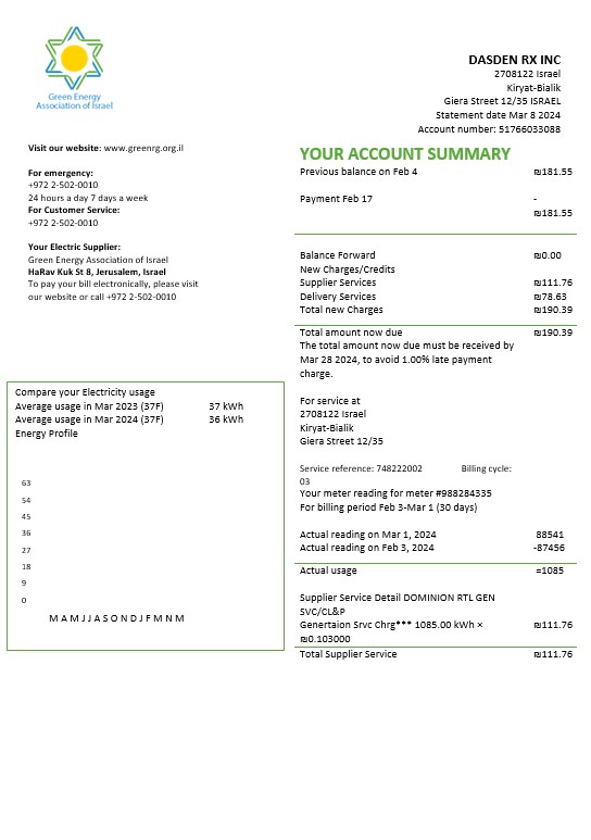 Israel Green Energy Association of Israel business utility bill template in Word and PDF formats